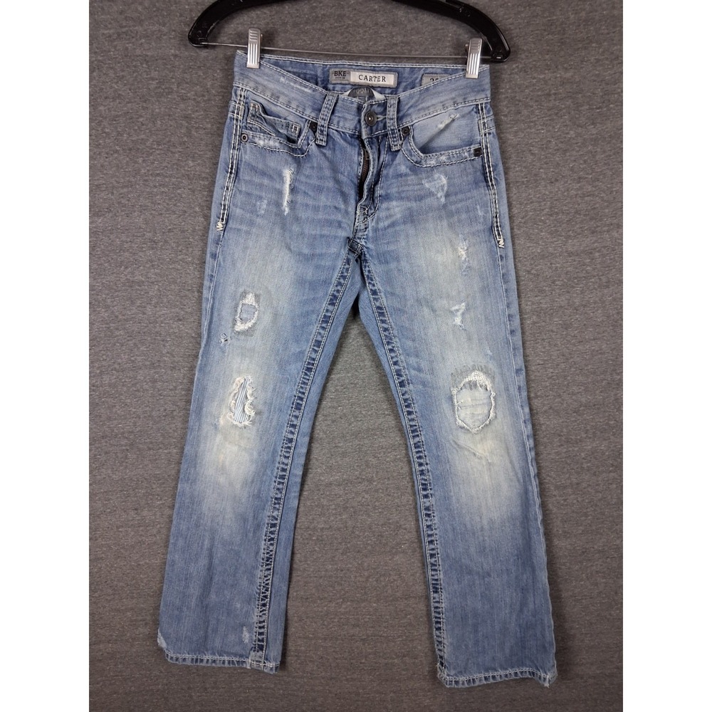 BKE Mens Jeans 25S Blue Denim Carter Boot Cut‎ Whiskering Thick Stitch Street